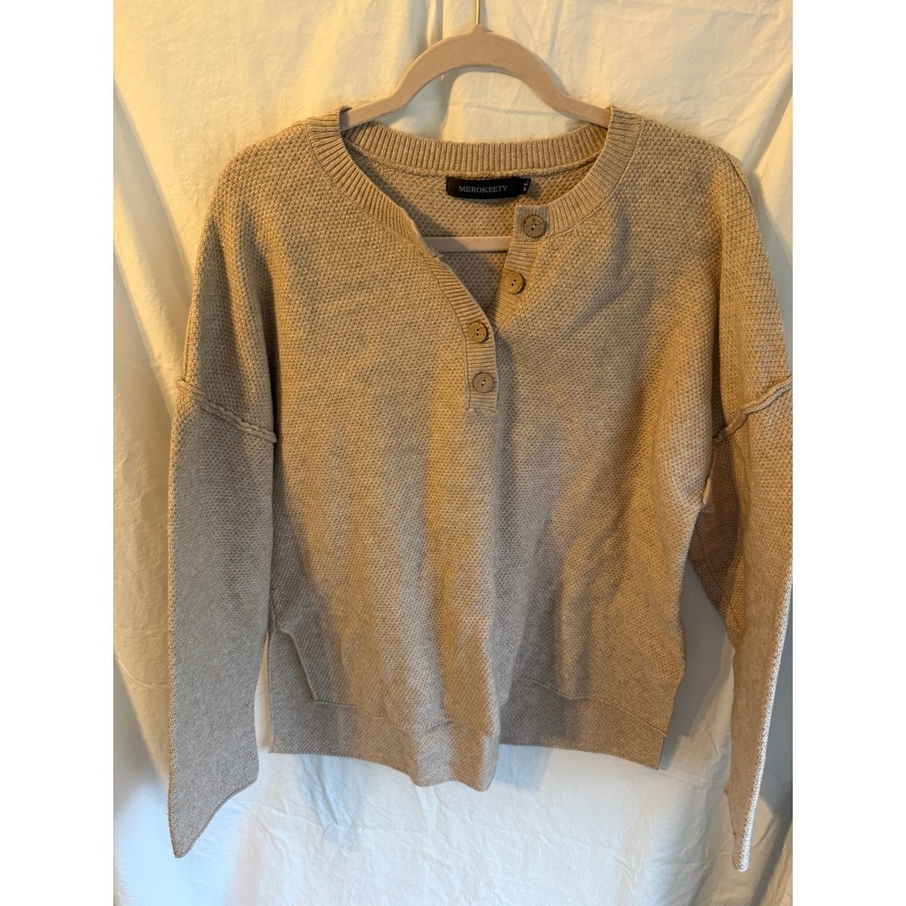 Merokeety Womens XL‎ Tan Beige Waffle Knit Henley Sweater Long Sleeve Pullover